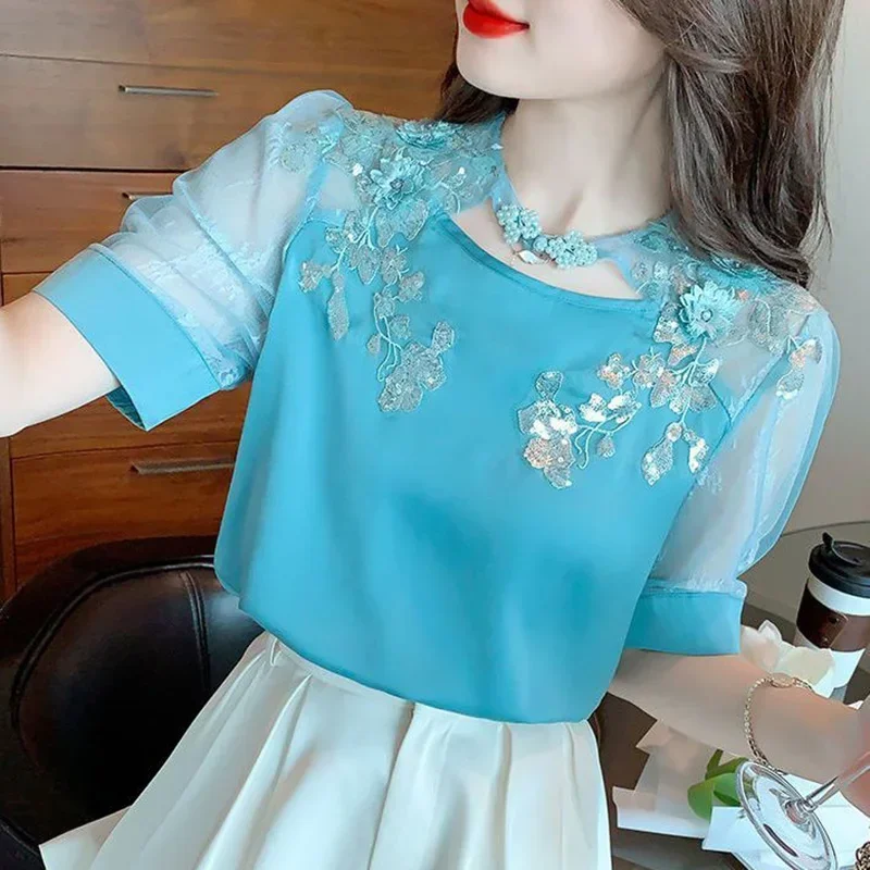 Elegant Gauze Embroidery Sequined Beading Blouse Women's Clothing 2023 Spring New Casual Pullovers Loose Sweet Shirt