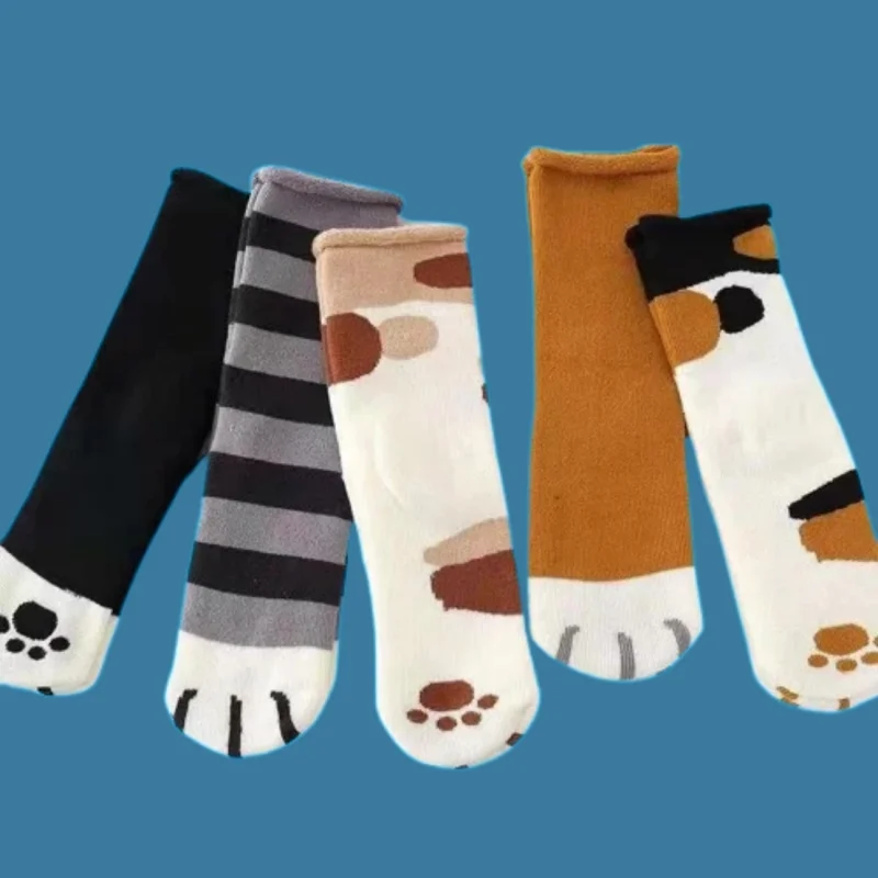 

5/10 Pairs Cartoon Middle-tube Socks Winter Thick Cat Paw Socks 2024 Socks Autumn and Winter Cute Warm Japanese Footprint Socks