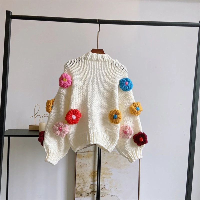 Harajuku Flower Knitted Cardigan Women Sweet Cute Cropped Sweater Coat Y2K Streetwear Floral Knitwear Winter Korean Jumpers Tops