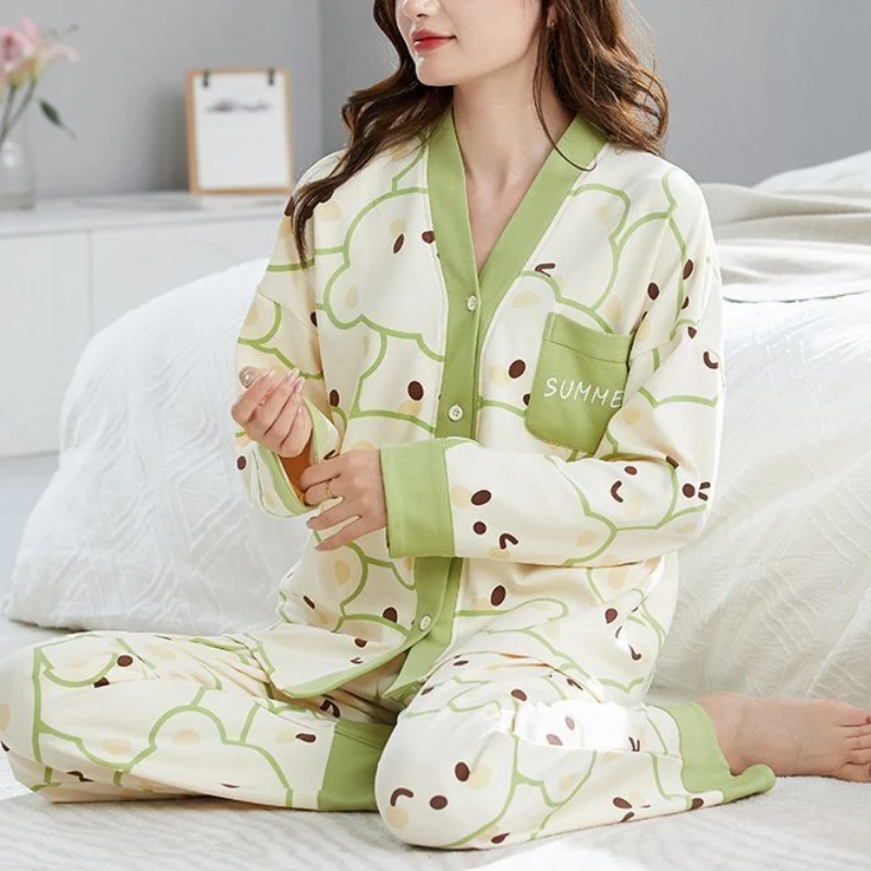 

Spring Autumn Kimono Women's Pajamas Sets Funny Pjs Cartoon Sleepwear Polka Dots Homewear Girl Pijamas Mujer Pyjama 3XL Fashion