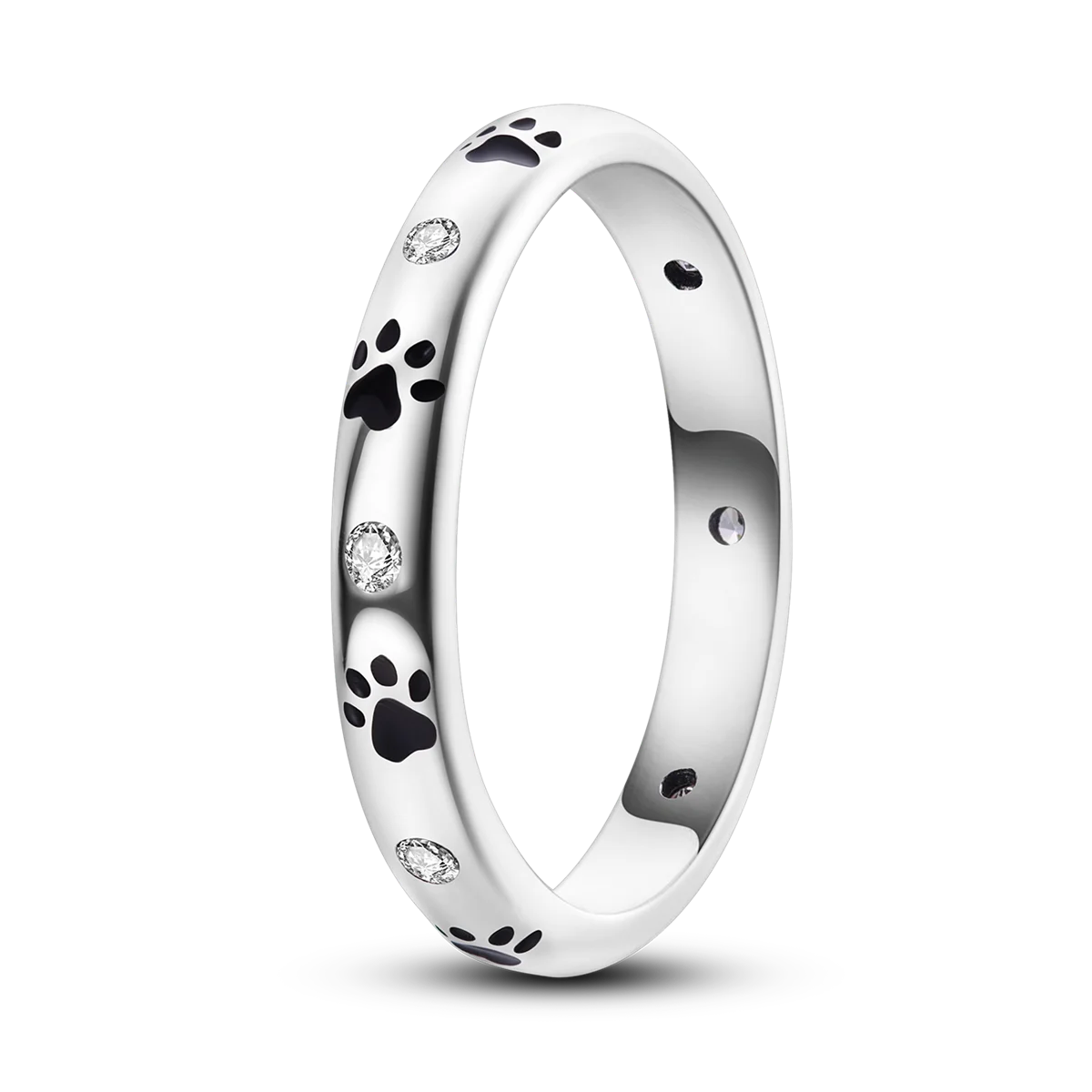 925 Sterling Silver Paw Print Band Ring for Women CZ Inlaid Dainty Animal Pet Stackable Fine Versatile Jewelry Gift