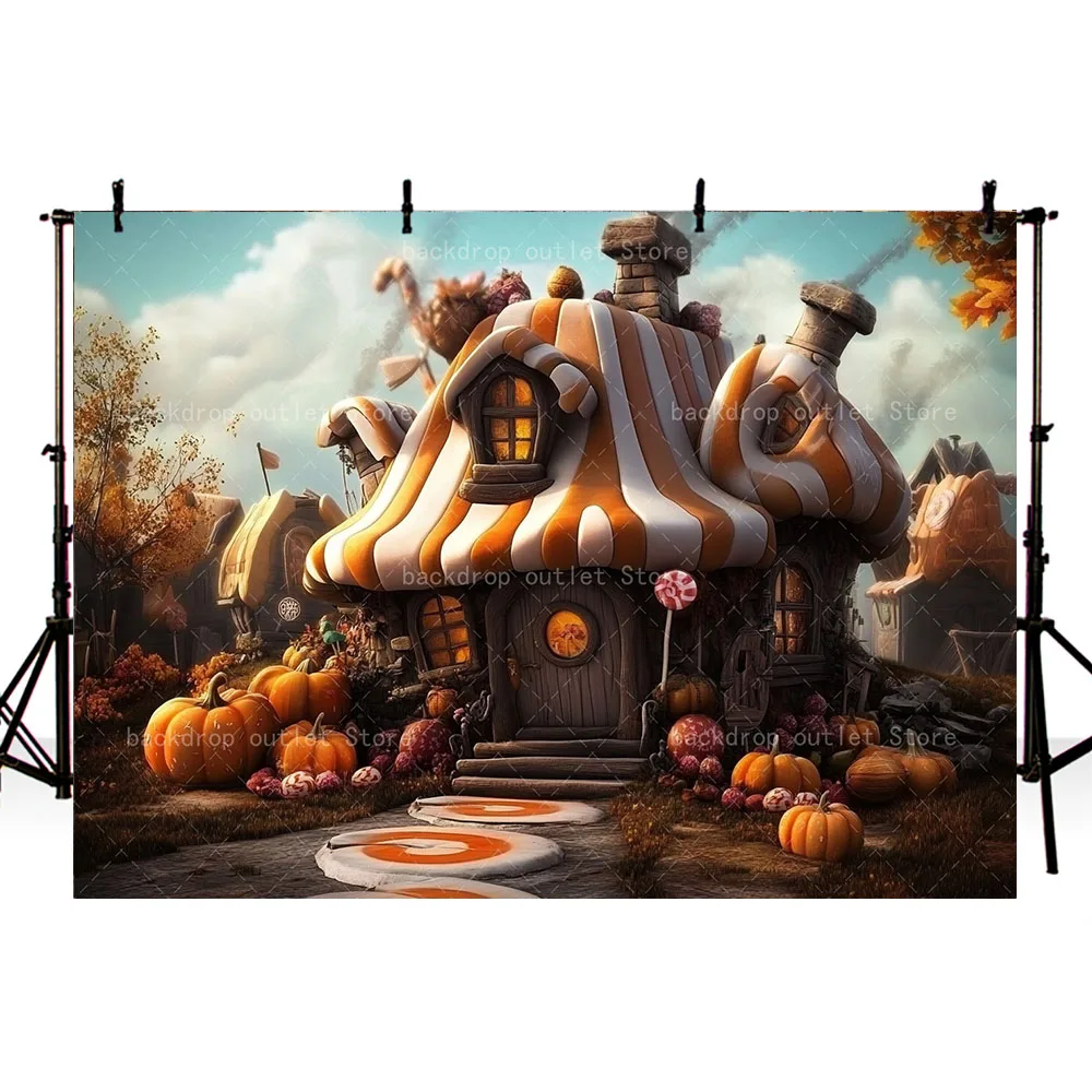 Mehofond Autumn Halloween Photography Backdrop Forest Wood Cottage Candy Decor Pumpkin Kids Family Party Portrait Background
