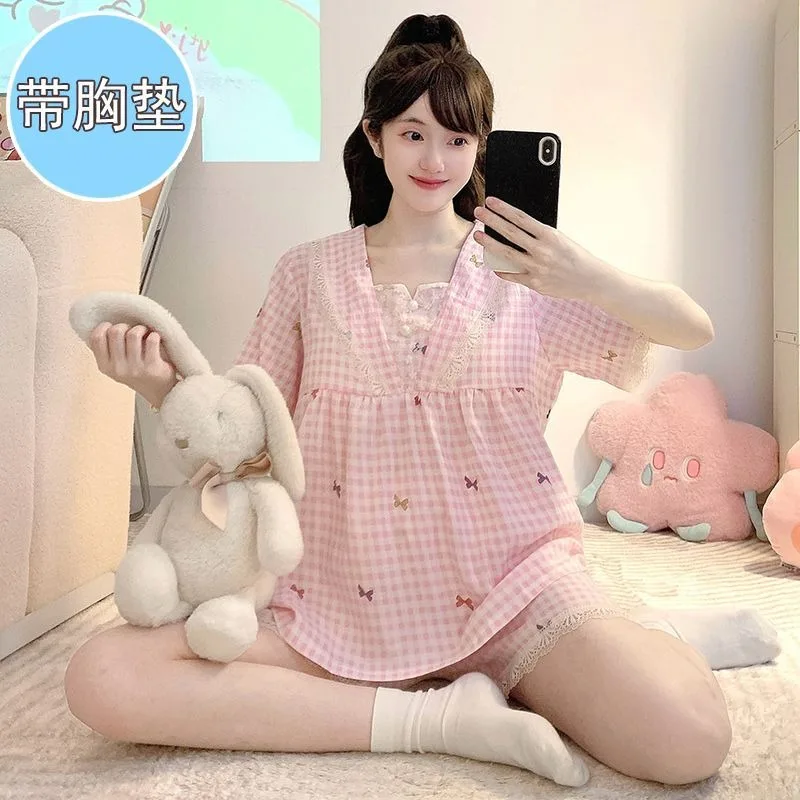 

Plus Size Cloud Cotton Pajamas Set Women's Summer Sleepwear with Chest Pad Korean Sweet Plaid Short-sleeved Shorts Loungewear