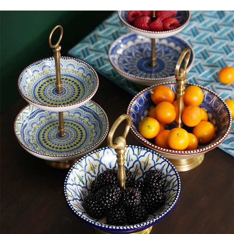 Chinese Style Painted Double Layer Ceramic Fruit Plate Metal Handle Home Living Room Desktop Candy Snack Party Cake Stand