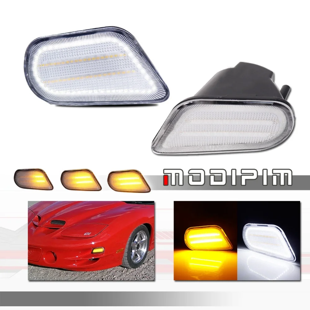 

Последовательные янтарные светодиодные указатели поворота на передний бампер автомобиля с белыми DRL дальними огнями для Pontiac Firebird 1998-2002 годов