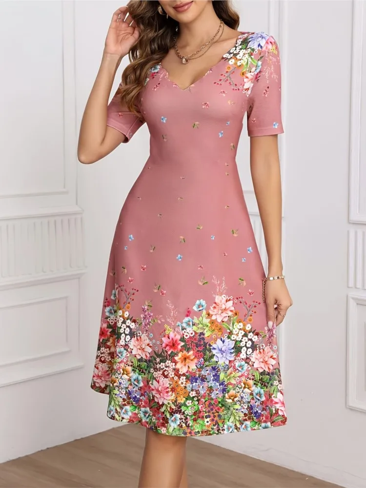 

Summer Dresses For Woman Floral Print Dress Short Sleeves Color Colorful Vestidos Slim V-link Elegant Temperament Fashion Trendy
