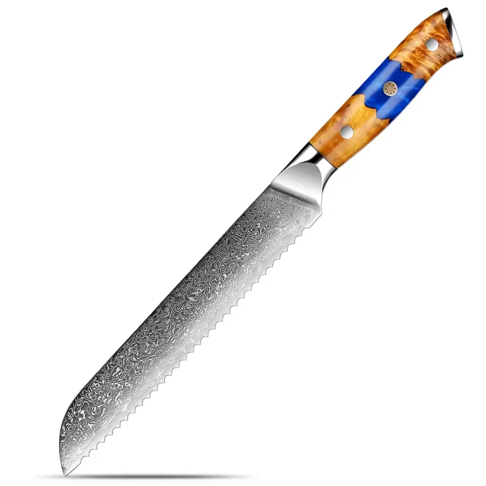 Cuchillo dentado multifuncional XITUO, cuchillo para pan de 8 pulgadas, mango de madera y resina azul, acero de Damasco afilado para cortar pan de masa madre y pasteles