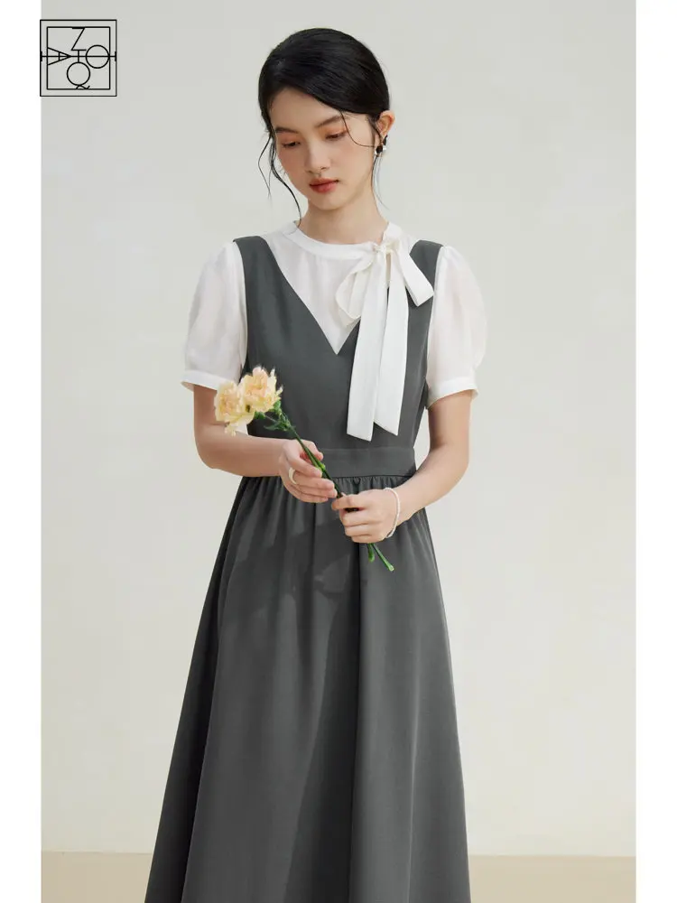 ZIQIAO Fake Two Piece Ribbon Shirt Dress Women's 2023 New Style Slim A-line Mid length Dress White And Grey Women Dress Casual