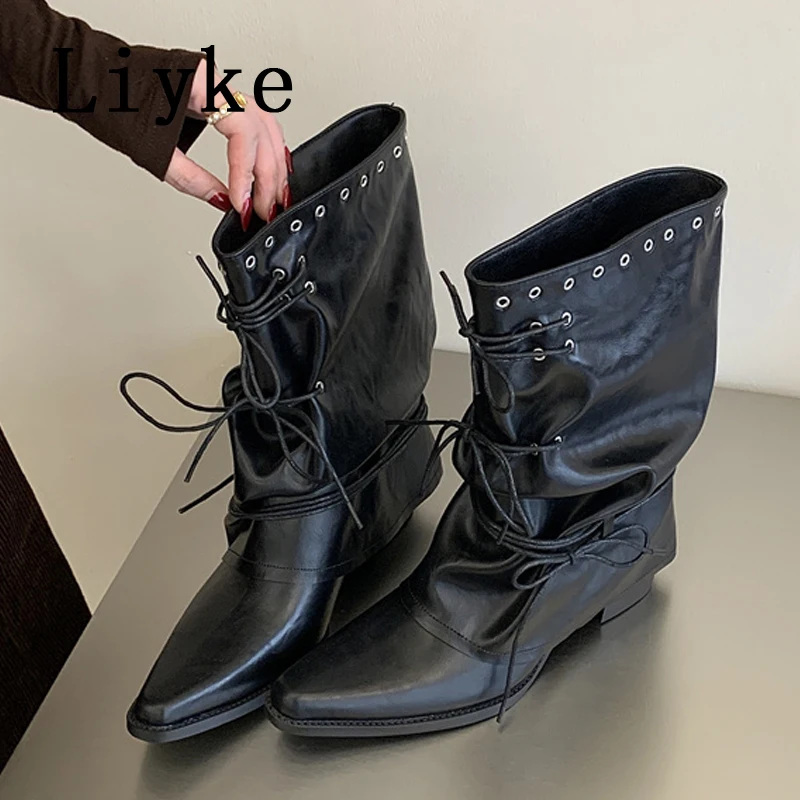 Liyke New Design Rivet Eyelet Lace Up Scrunched Pleated Leather Slouchy Boots Women Pointed Toe Chunky Heels Shoes Botas Mujer