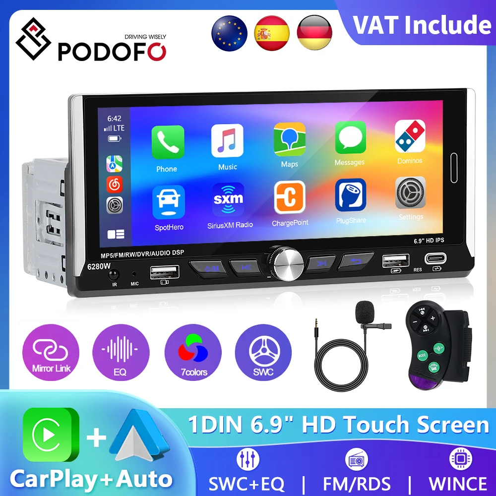 Podofo 6.9 "1Din مشغل سيارة لاسلكي CarPlay أندرويد راديو سيارة مشغل وسائط متعددة راديو FM استقبال كاميرا الرؤية الخلفية ستيريو السيارة #1