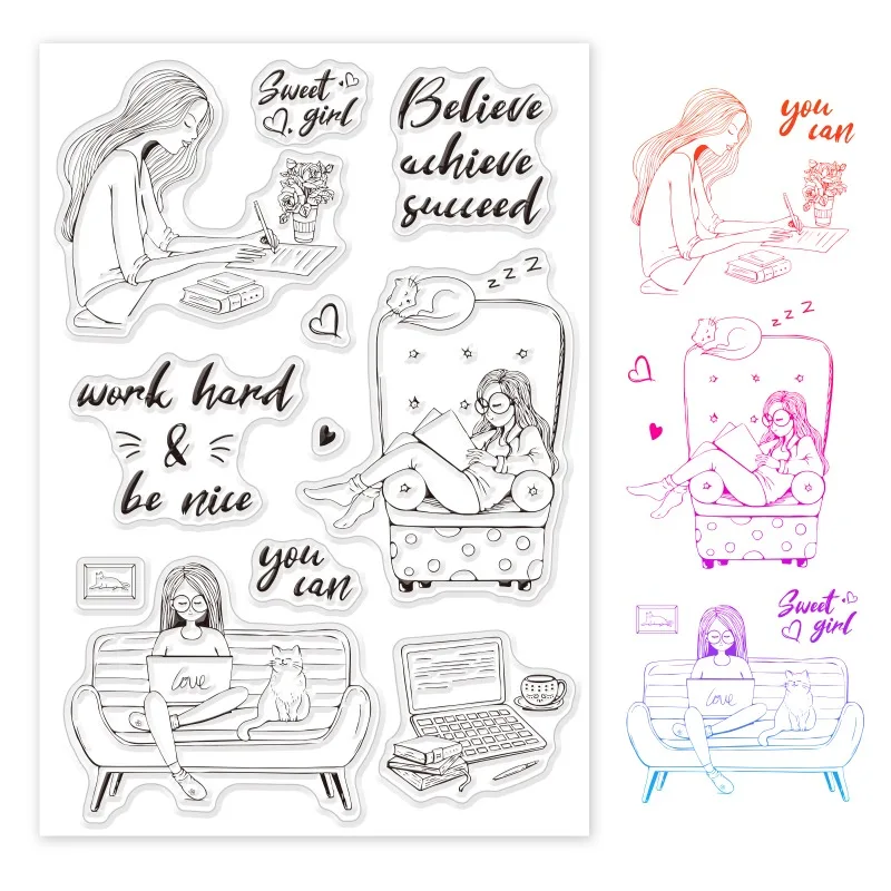 1Sheet Sweet Woman Silicone Clear Stamps Work Hard Book Cat Transparent Stamp for Christmas Birthday Thanksgiving Cards Making