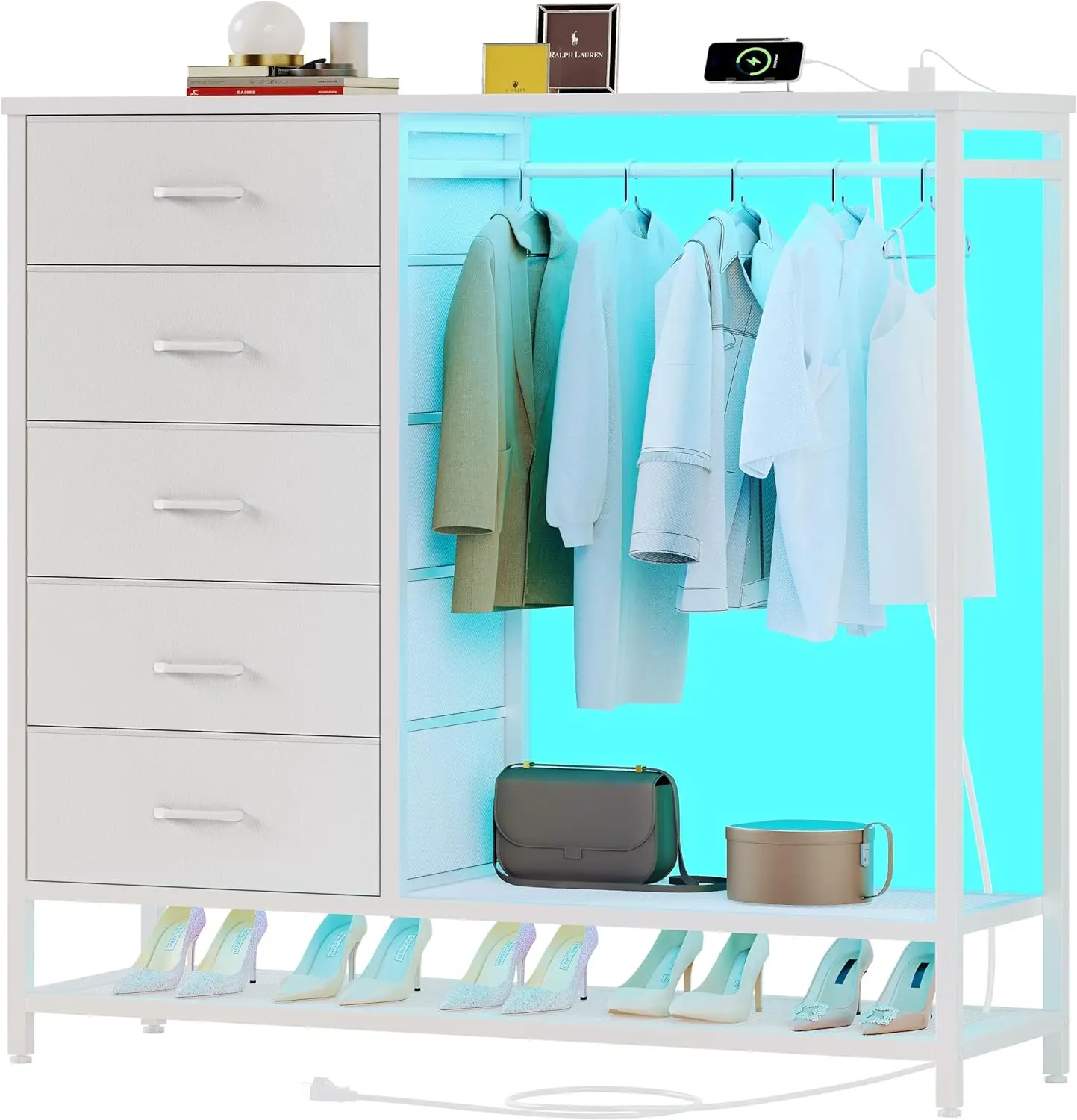 Dresser with Hanging Rack Led Lights and Charging Station, White Bedroom Dresser with 5 Fabric Chest of Drawers with PU Finish S