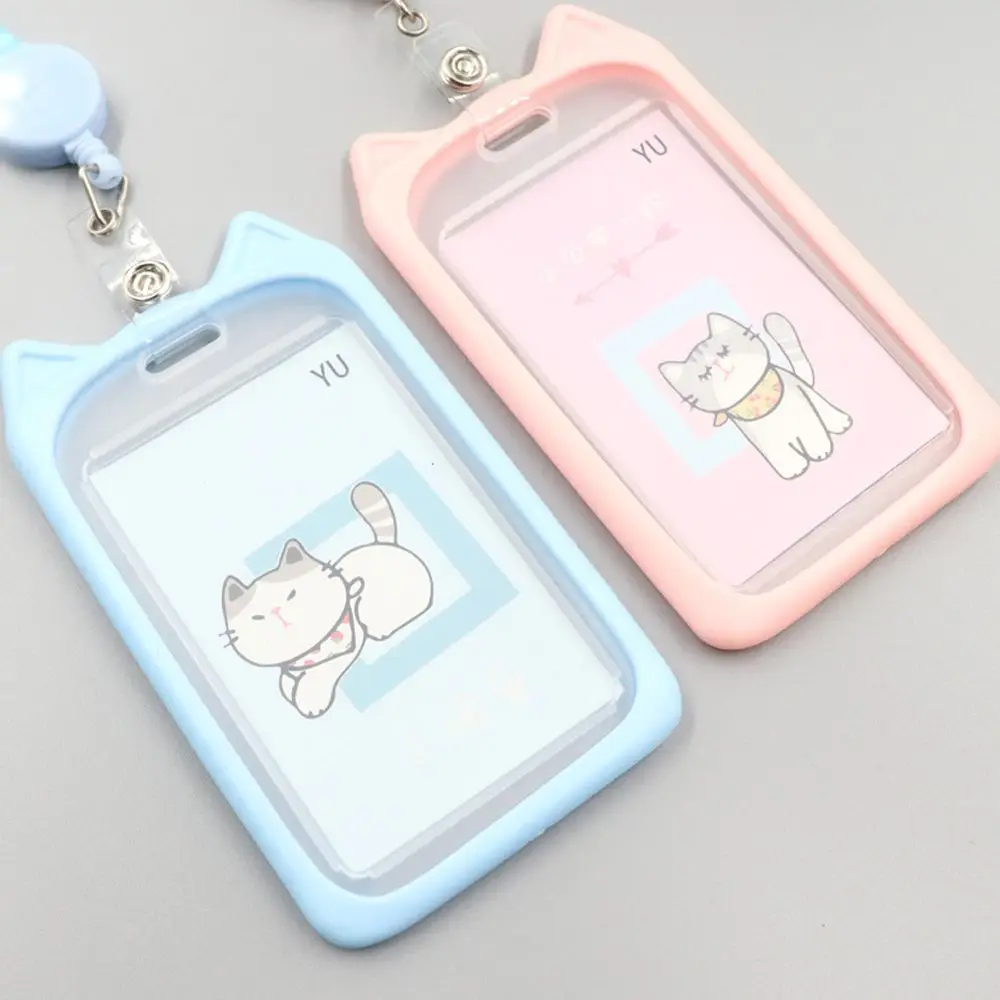 1Pc Cartoon Cat Card Holder Candy Color ID Card Sleeve Retractable Reel Lanyard Identity Credit Cover Case Bank Bus Card Case