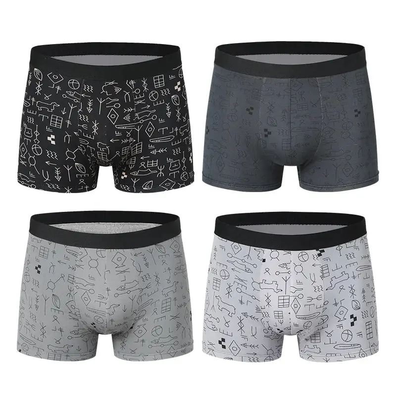 

4pcs/set European and American Men's Printed Underwear, Sexy, Breathable, Comfortable Boxing Pants, Middle-aged Fat Men's Shorts