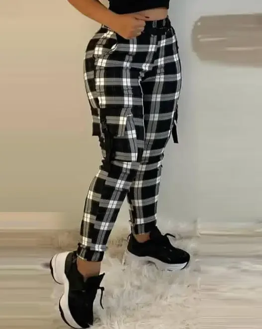 

Casual Women Pants 2024 Winter Slim Fitting Printed Checkered Overalls Fashion Versatile Tight Fit Trousers Female Y2k Clothes