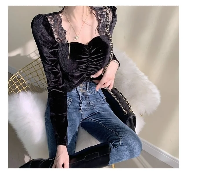 2023 Sexy Square Neck Lace Velvet Top Women\'s Long Blusas Clothes for Women Tops Shirts Blouses