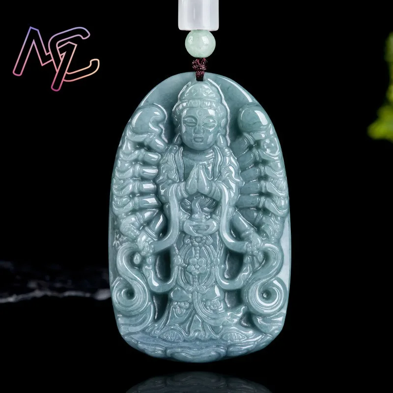 Blue Natural Jade Bodhisattva Pendant Necklace Real Jadeite Jewellery Carved Gemstone Fashion Charm Amulet Gifts for Women Men