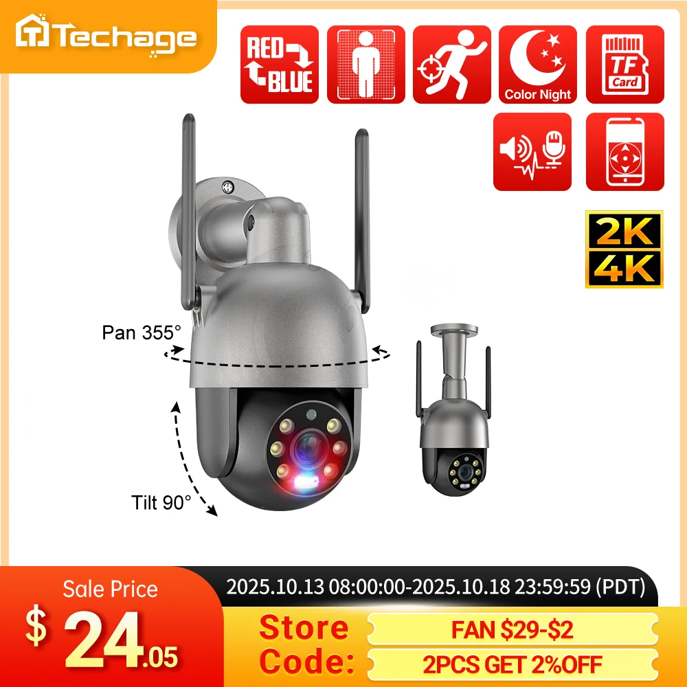 

Techage 8MP 4K 2K PTZ Беспроводная IP-камера Видеонаблюдение WIFI Камера Открытый AI Сигнализация красного и синего света Обнаружение человека