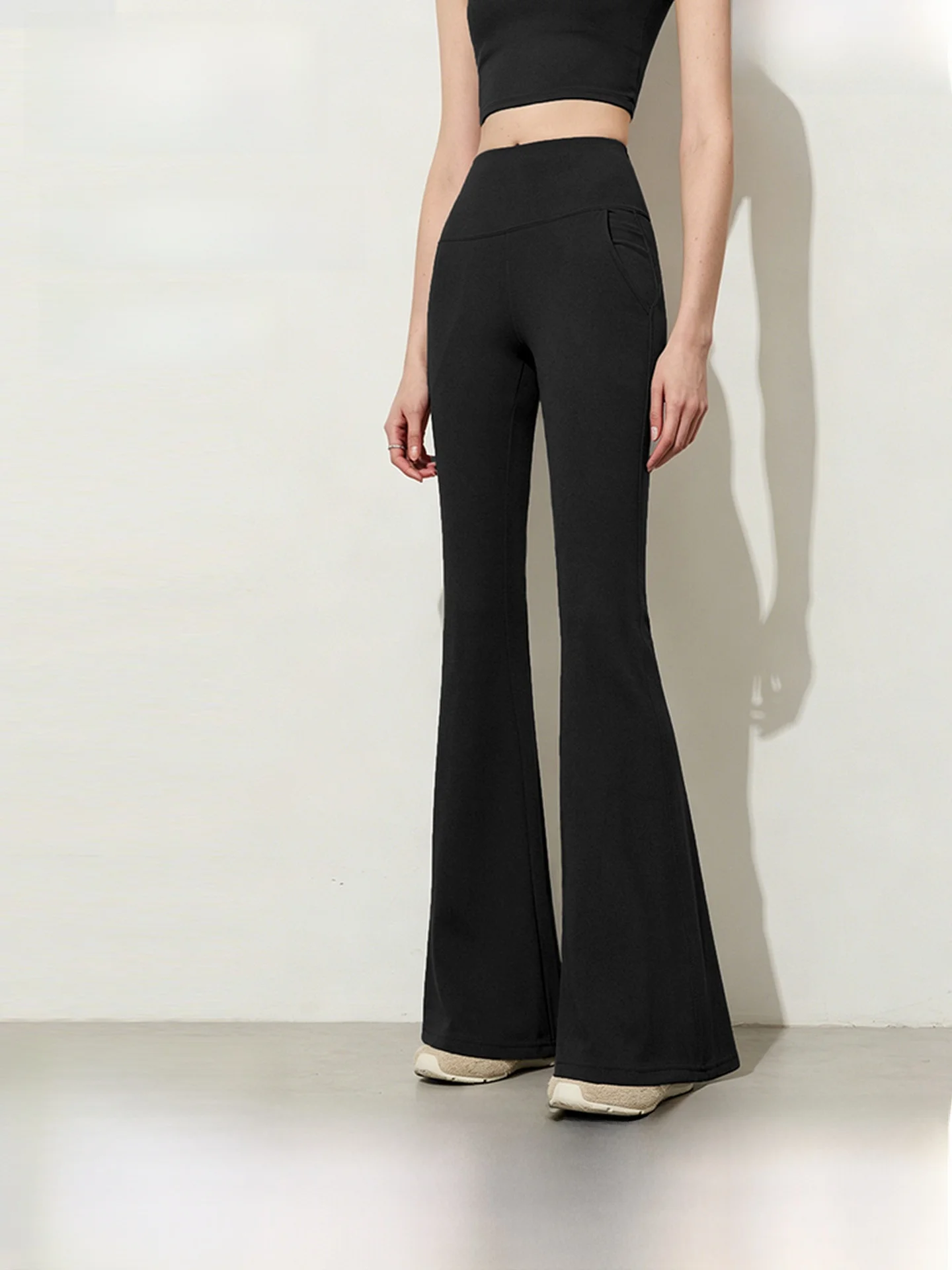 

Брюки-клеш с высокой талией Slim Fit, леггинсы с узором «акулья кожа», черные, женские, повседневные, высокоэластичные, длинные брюки