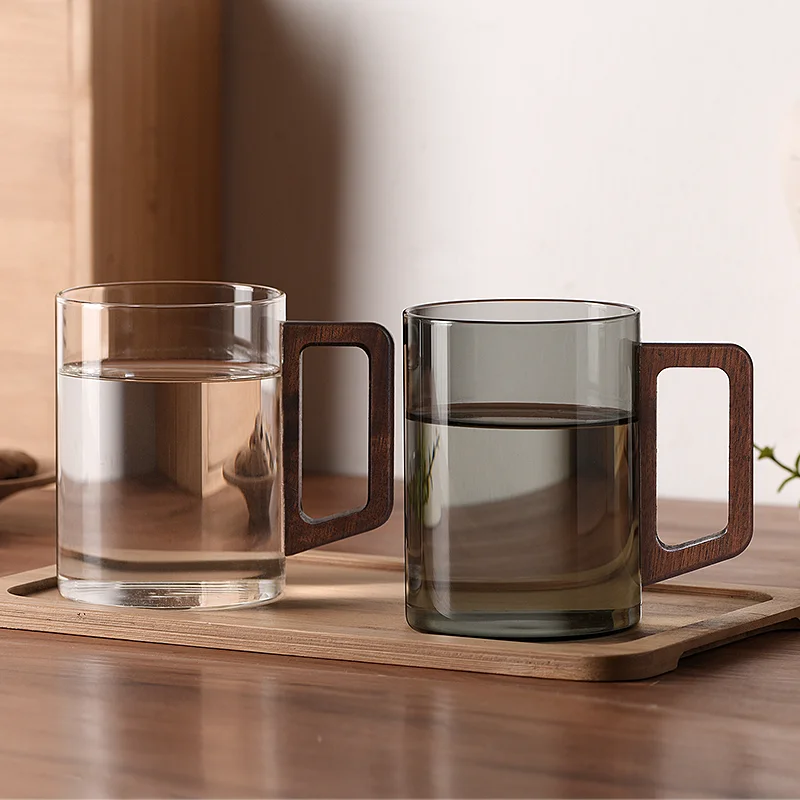 Wooden Handle Glass Coffee Mug Heat Resistant Large Capacity Drinking Water Tea Cup Set 400ml