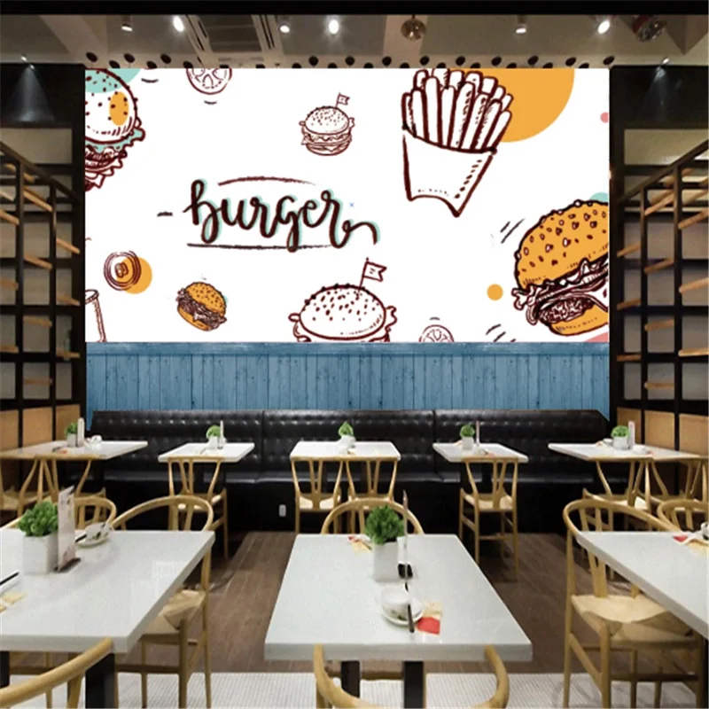 Custom Snack Bar Hamburger Fries Wall Paper 3D Burgers American Fast Food  Restaurant black Background Wall Mural Wallpaper 3D