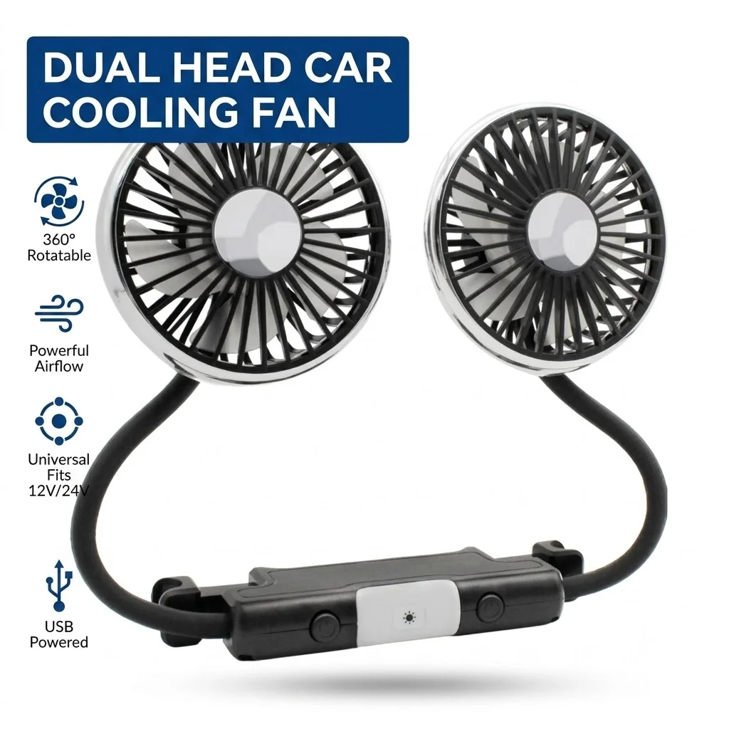 Car USB Headrest Cooling Fan Dual Head 360 Rotatable Auto Rear Seat Air Fan 3 Speed Universal for Vehicle SUV Truck