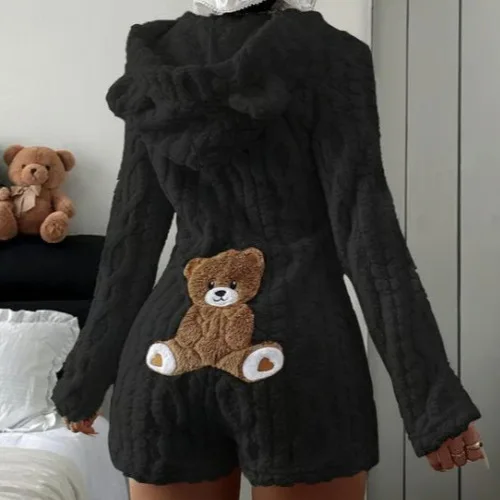 Women Fuzzy Fleece Hooded Romper Long Sleeve Bear Patch Plush Short Jumpsuit Warm Loungewear Pajama Onesie for Women 3