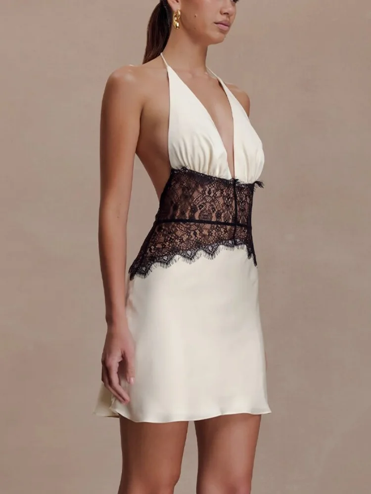 

Contrast Backless Halter Dress Women Elegant Sleeveless Off Shoulder Patchwork V-neck Long Dresses 2026 New Lady Party Vestidos