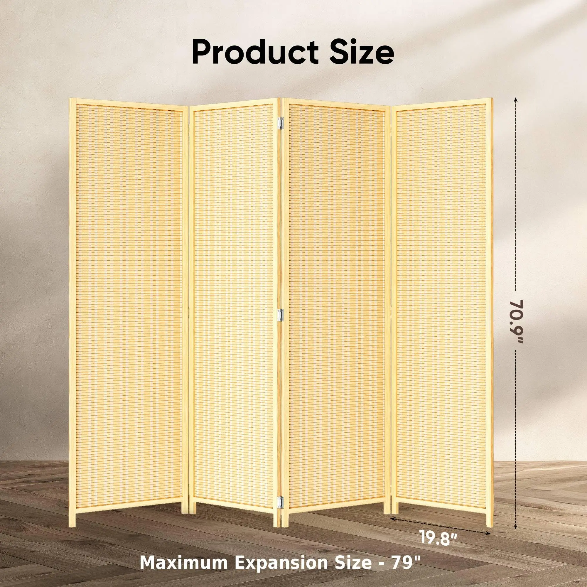 Room Divider 4 Panel Folding Privacy Screen, Woven Bamboo, Wooden