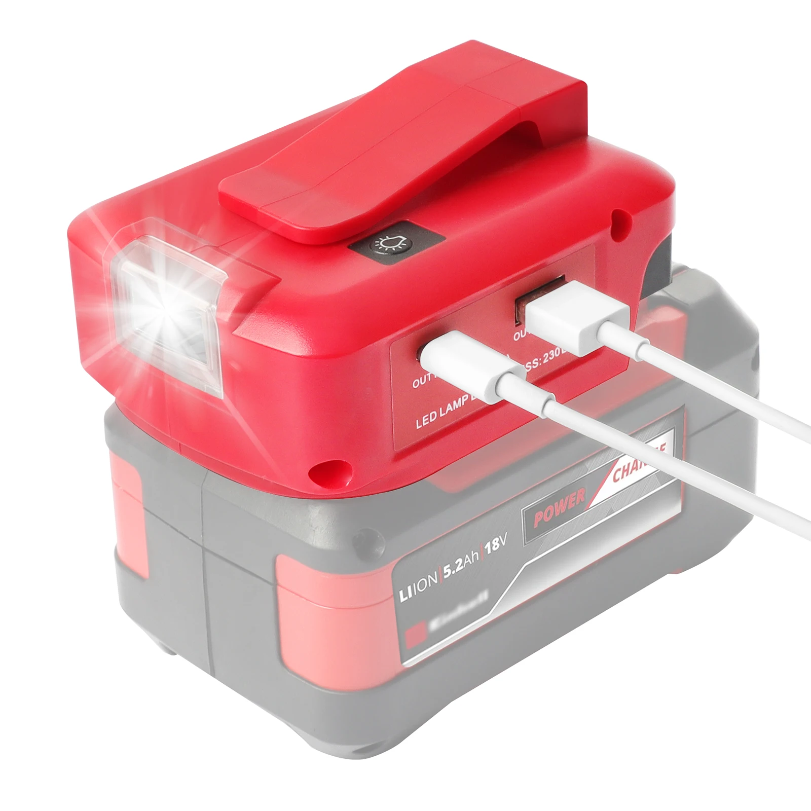 Power source for Einhell 18V battery to DC 12V3A and PD22.5W USB QC3.0 and light