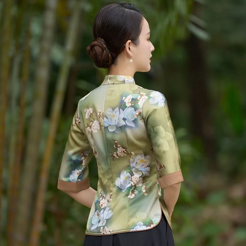 Cheongsam kadın artı boyutu üstleri 2024 yeni moda Polyester kumaş baskılar ekleme standı yaka çin tarzı Qipao gömlek kadın