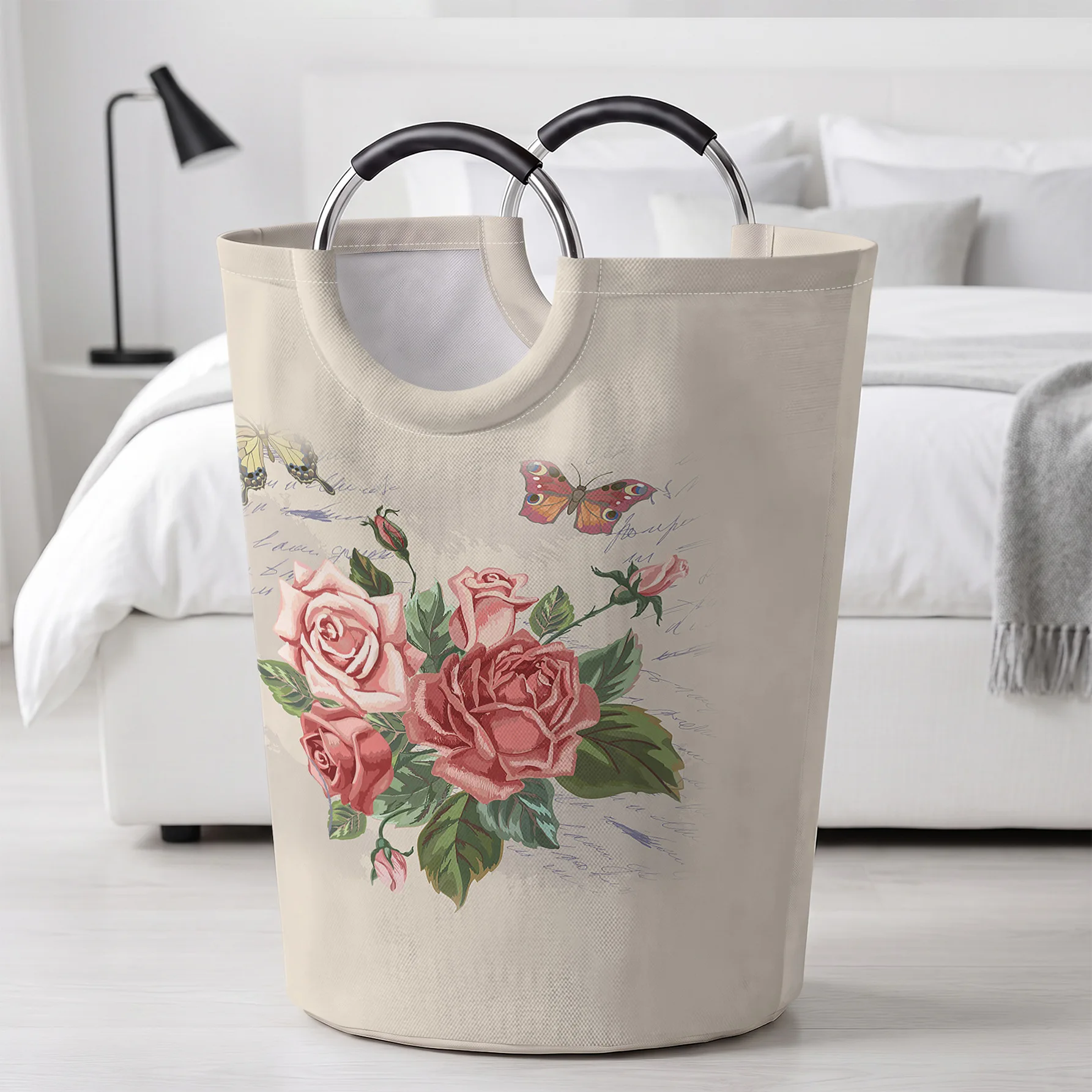 Vintage Rose & Butterfly Print Handheld Storage Basket, For Laundry, Bedroom & Home Sundries Storage