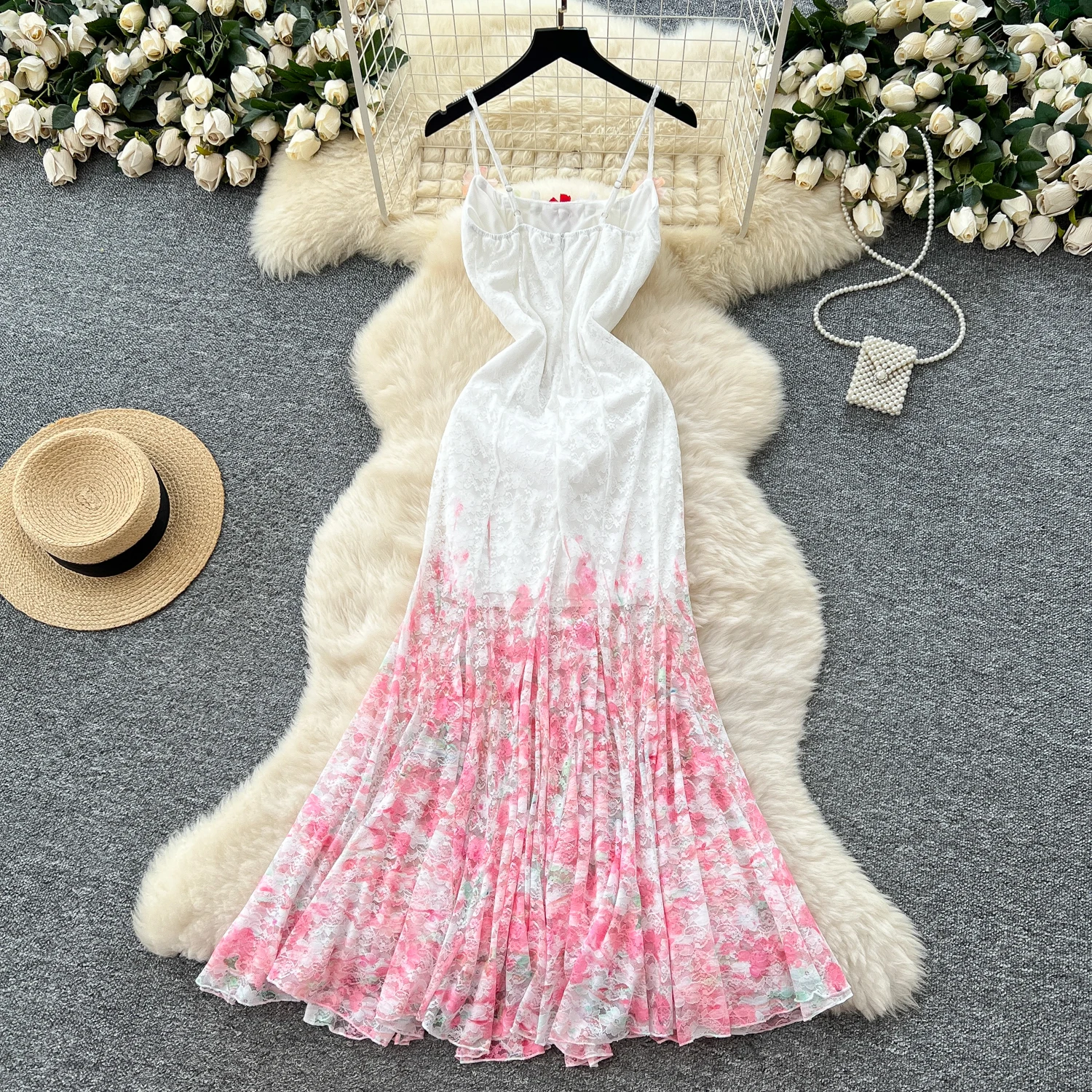 Chic Sexy Backless lace peint mesh Slip Dress Fairy Casual A-line Dress Vestido Summer Beach Vacation Women Boho Sundress