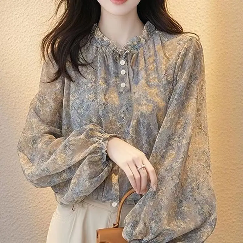 

Spring New Casual Flower Printed Chiffon Shirt Vintage Women's Lantern Sleeve Loose Blouse Elegant Ruffles Office Lady Tops 676P