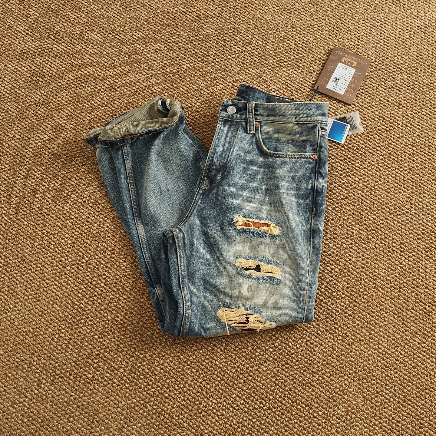 High Quality Heavyweight Denim Pants Men's High Street Trendy Patch-Distressed Whiskering Artisan Washed Tapered Straight Jeans