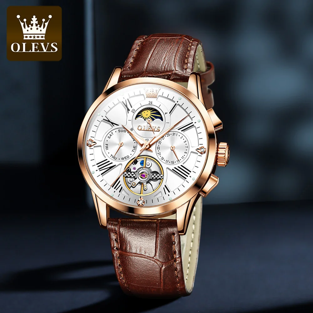 OLEVS Men's Watches Fashion Leather Strap Moon Phase Hollow Flywheel Automatic Mechanical Wristwatch Roman Scale Man Watch 9912