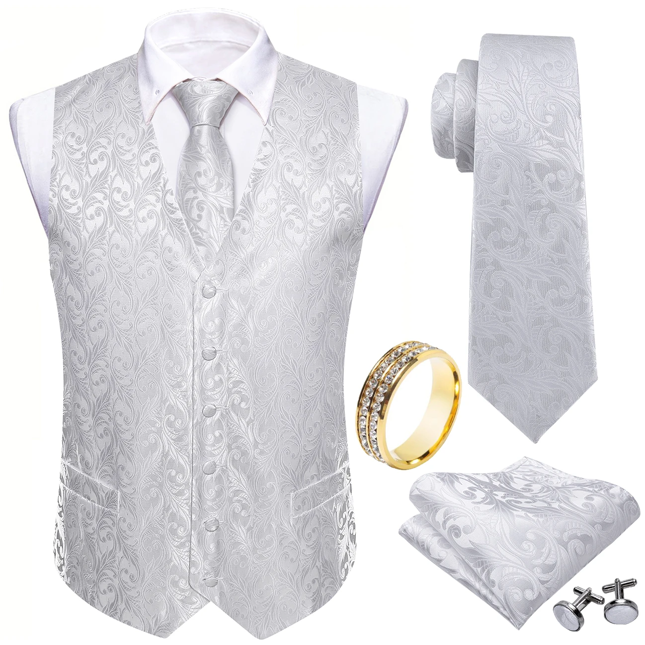 White Scroll Pattern V-Neck Vest 5-In-1 Kit Tie Square Cufflinks Ring For Outdoor Bridal Reception