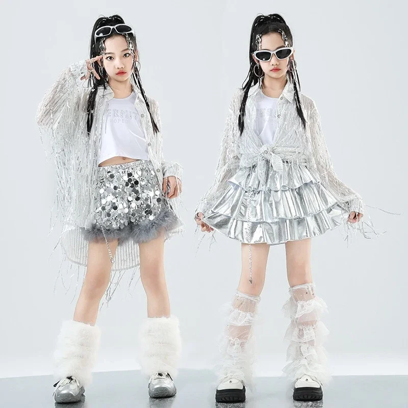 

Jazz Dance Costume Girls Sequin Tassels Coat Shorts Kids Hip Hop Performance Sets Catwalk Fashion Wear Festival Outfits