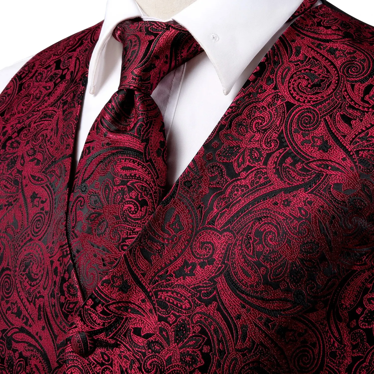 Hi-Tie 4PC Silk Men\'s Vest With Tie Hanky Cufflink Business Formal Dress Slim Sleeveless Jacket Burgundy Paisley Suit Waistcoat