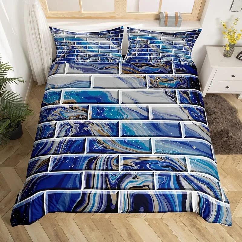 Marble Duvet Cover Marble Brick Wall Style King Queen Bedding Set Polyester Gold Bronzing Sequins Abstract Fluid Comforter Cover