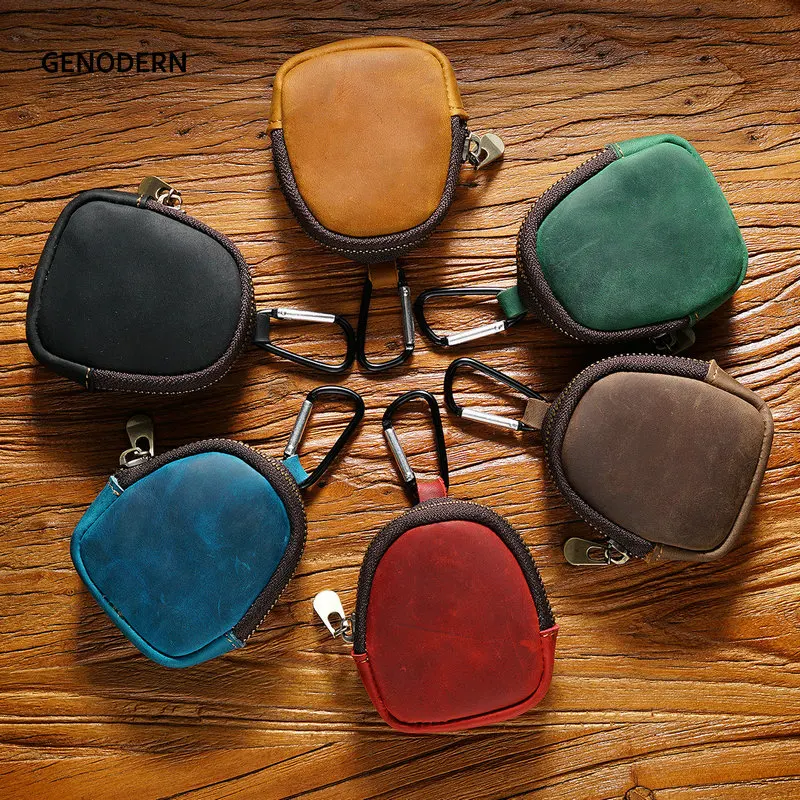 Tas Koin GENODERN Dompet Kecil Kulit Asli Dompet Koin Tas Cangkang Ritsleting Tas Headphone Bluetooth Casing Kunci