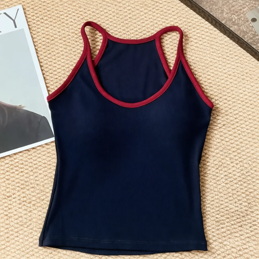 Fashionable Women Vest Racerback Colorblock Tank Top Padded Slim Camisole Casual Summer Basic Sleeveless Undershirt Top