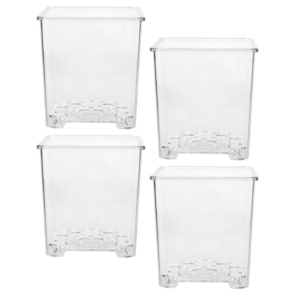 4 Pcs Highly Transparent Flower Pot Acrylic Planters Orchids Pots Decorative Containers Square