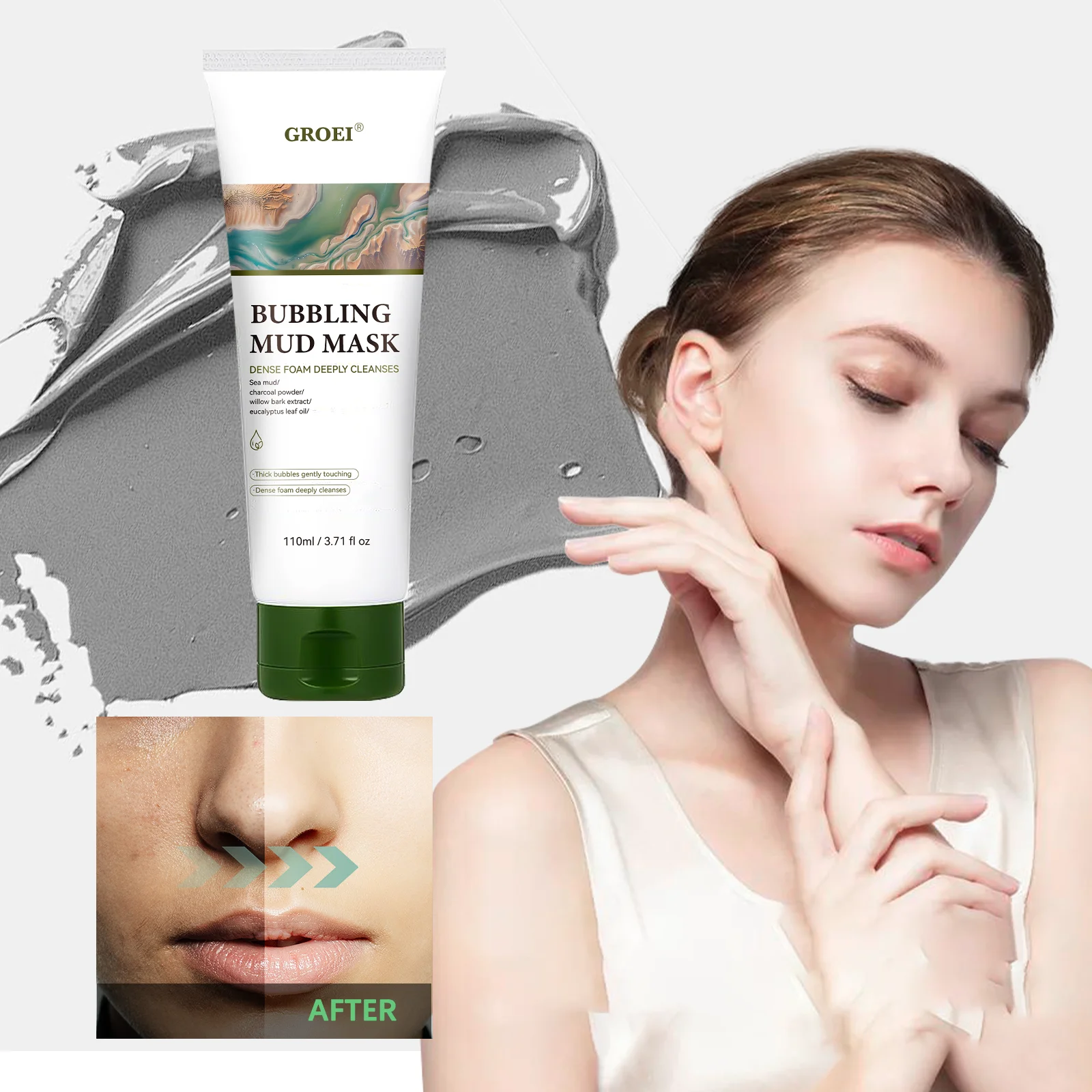 

GROEI Bubbling Mud Mask и пенное очищающее средство 2-в-1 Глубоко очищающее средство + уменьшающее поры, увлажняющее pH-балансированное с морской грязью и кокосом, 110 мл