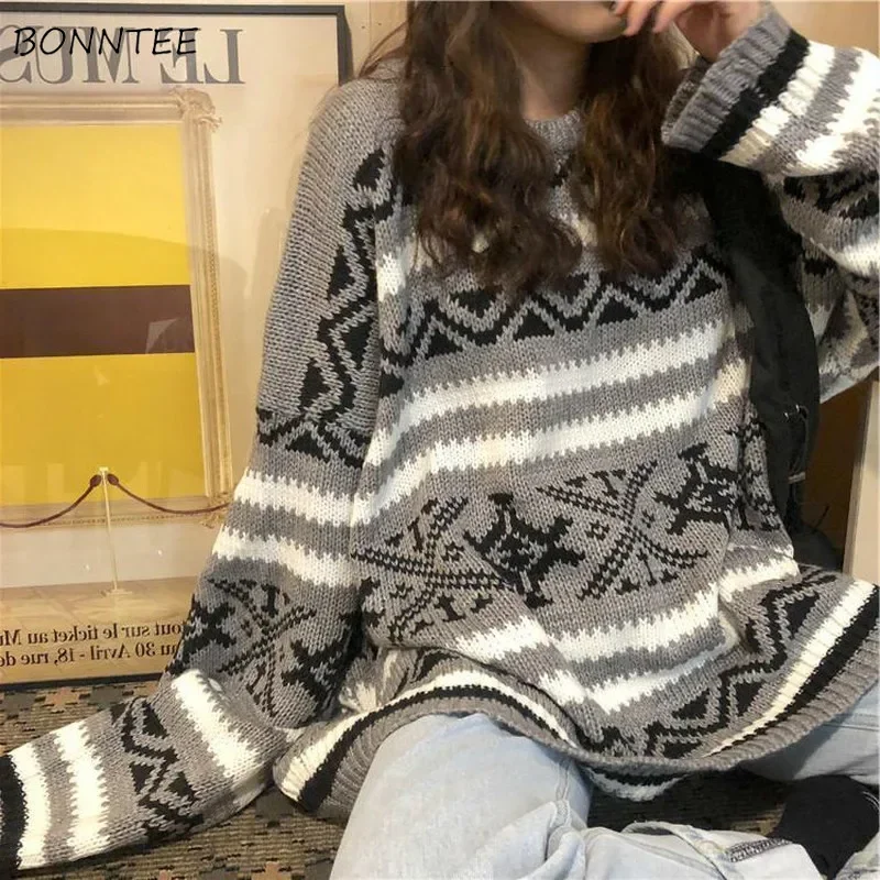 Sweaters Womens Thicker Winter Warm College Teens Knit Sweater Women Chic Geometric Leisure Soft Ins O-Neck Basic Femme Knitwear