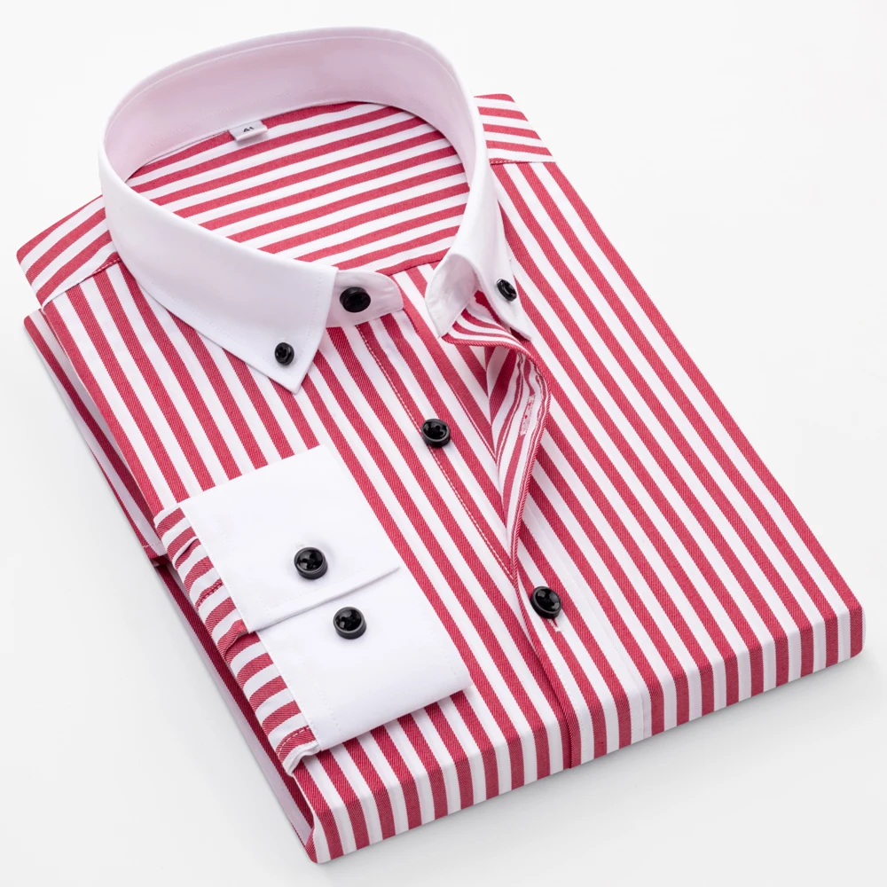 Elegant Contrast Color Block Slim Fit Striped Long Sleeve Shirt for Men Wrinkle-Free Business Casual Daily Office Wear