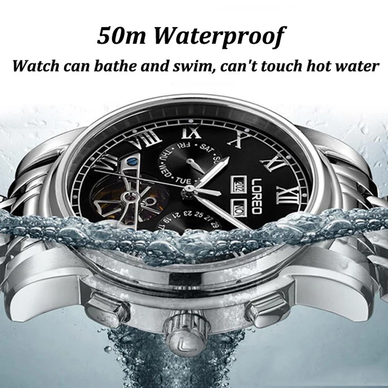 LOREO Brand Swim Men\'s Tourbillon Mechanical Watches Perpetual Calendar Waterproof Sport Watch Men Watch Clock Saat Reloj Hombre