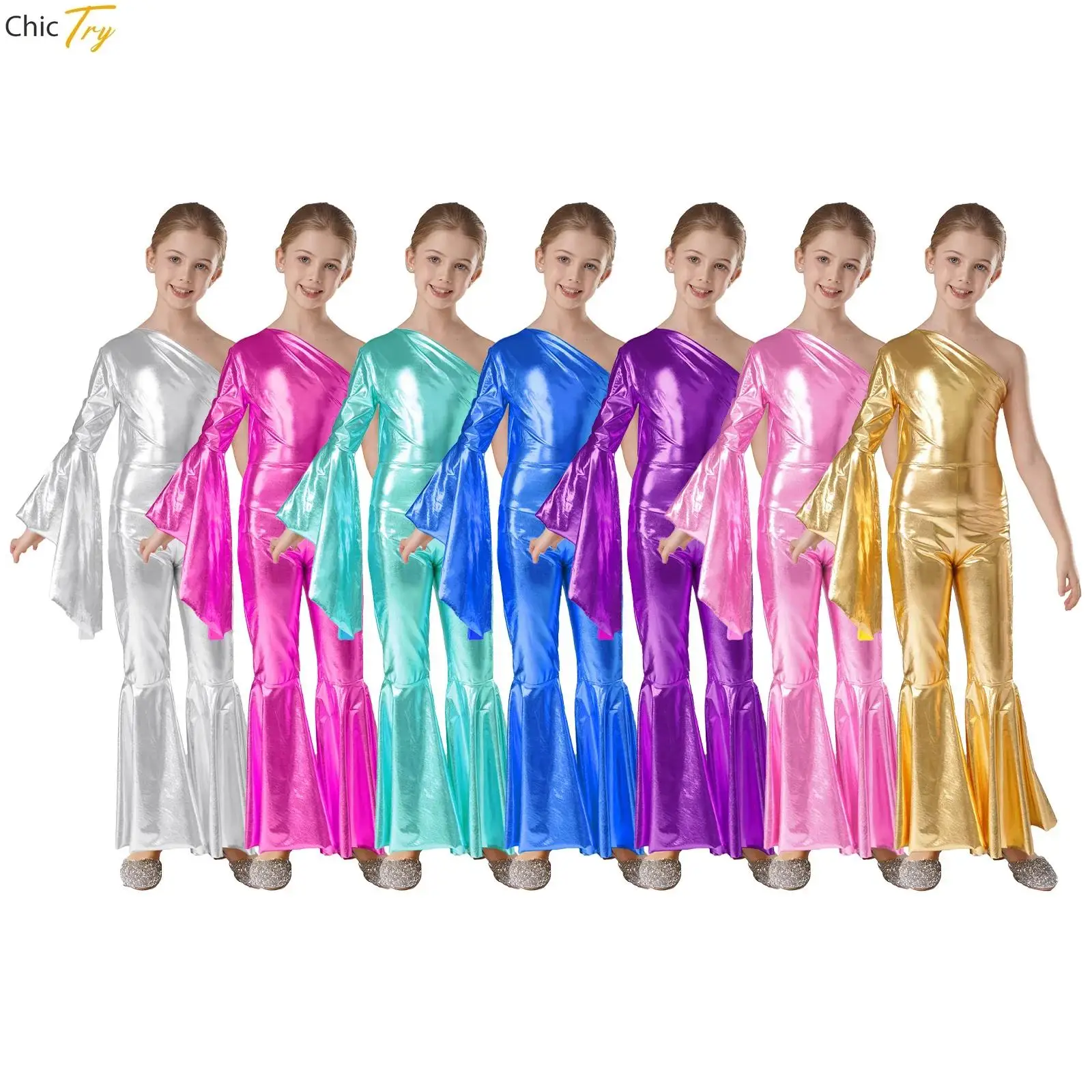 

Kids Girls Ballet Latin Jazz Dance Jumpsuit Metallic Shiny One Shoulder Flare Sleeve Bell-Bottom Bodysuit Ballroom Dancewear