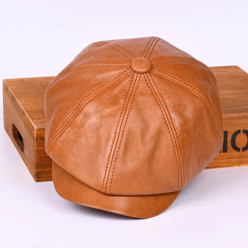 Retro Beret Hat for Men Leather CowSkin Octagonal  Autumn Winter British Caps Retro Sheepskin Newsboy Boina Painter Gorras