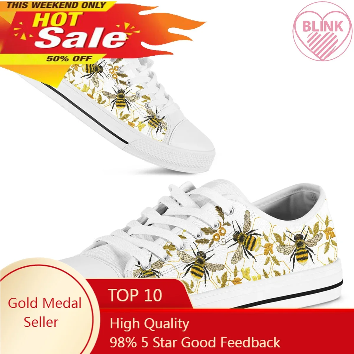 Women Casual Flats Cute Bee Pattern Low Top Canvas Sneakers Lady White Flat Shoes Plus Size to 45/46